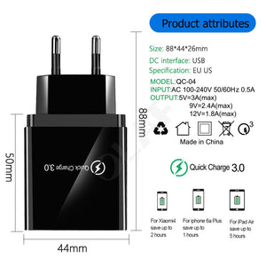 48W Quick Charger 3.0 USB Charger for Samsung A50 A30 iPhone 7 8 Xiaomi mi9 Tablet QC 3.0 Fast Wall Charger US EU UK Plug Adapte