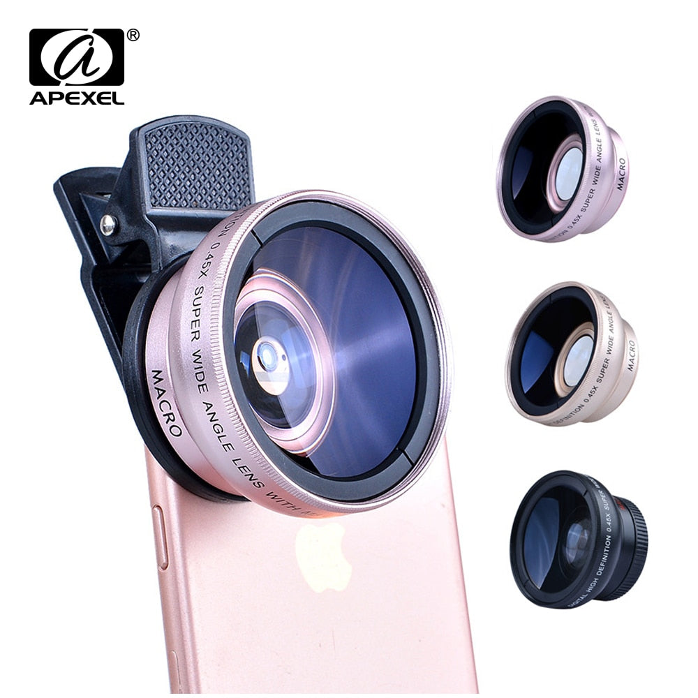 APEXEL 2in1 Lens 0.45X Wide Angle+12.5X Macro Lens Professional HD Phone Camera Lens For iPhone 8 7 6S Plus Xiaomi Samsung LG